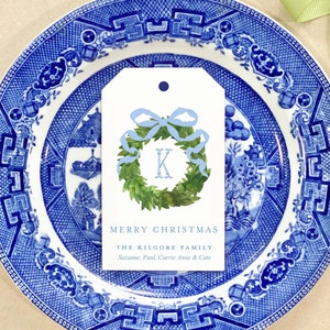 Personalized Wreath Christmas blue bow Gift Tags Monogram Holiday Gift Tag Label Custom Watercolor Hang Tag Chinoiserie greenery
