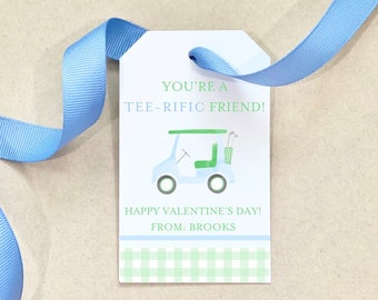 Golf Cart Valentine's Day Gift Tag Tee-rific Happy Valentine's Day Personalized Gift Tags Custom blue green girl boy kids school golf ball