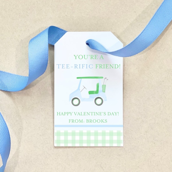 Golf Cart Valentine's Day Gift Tag Tee-rific Happy Valentine's Day Personalized Gift Tags Custom blue green girl boy kids school golf ball