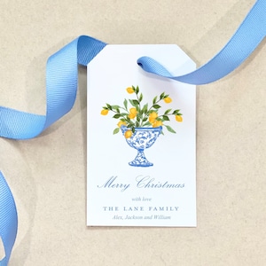 Personalized Blue and White Lemons Christmas Crest Gift Tags Monogram Holiday Gift Tag Label Custom Watercolor Hang Tag Chinoiserie