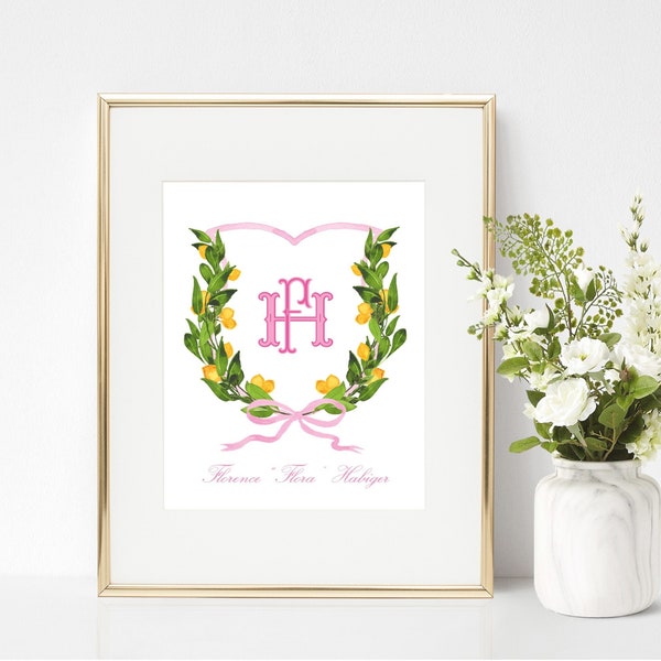 Personalized Family Crest Lemon Chinoiserie Greenery Pink Italian Custom Monogram Home Decor Art Print Watercolor Baby Nursery Wedding