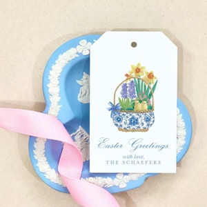 Saludos de Pascua Primavera Etiqueta de regalo personalizada Flores Acuarela personalizada Monograma azul y blanco Envoltura de regalo Embalaje personalizado Baby Shower