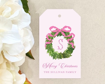 Personalized Wreath Christmas pink bow Gift Tags Monogram Holiday Gift Tag Label Custom Watercolor Hang Tag Chinoiserie greenery