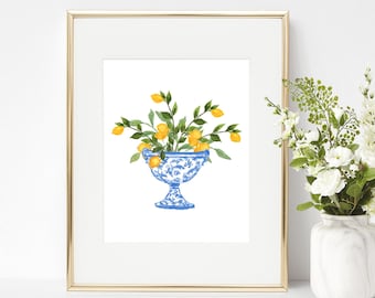 PHYSICAL Blue and White Lemon Bowl Art Print Floral Flower Bouquet Home Decor Chinoiserie Kitchen Home Decor Digital Download PDF Printable