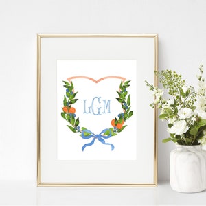 Personalized Family Crest Orange Blue and White Chinoiserie Greenery Custom Monogram Home Decor Art Print Watercolor