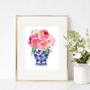 PHYSICAL Ginger Jar Art Print Floral Flower Bouquet Home Decor Chinoiserie Blue and White Pink Flowers Digital Download PDF Printable Roses