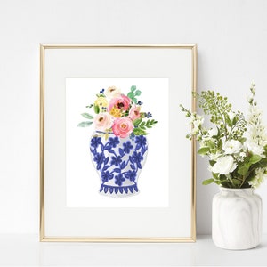 DIGITAL Ginger Jar Art Print Floral Flower Bouquet Home Decor Chinoiserie Blue and White Pink Flowers Digital Download PDF Printable