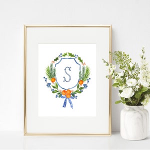Personalized Family Crest Orange Blue and White Chinoiserie Home Decor Art Print Watercolor Custom