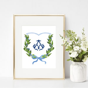 Personalized Family Crest Blue and White Chinoiserie Greenery Custom Monogram Home Decor Art Print Watercolor