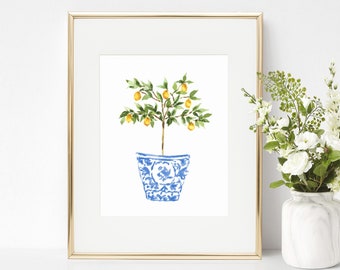 PHYSICAL Blue and White Lemon Tree Art Print Floral Flower Bouquet Home Decor Chinoiserie Kitchen Home Decor Digital Download PDF Printable