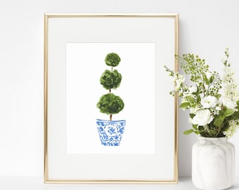 PHYSICAL Blue and White Topiary Tree Art Print Floral Flower Bouquet Home Decor Chinoiserie Kitchen Home Decor Digital Download Printable