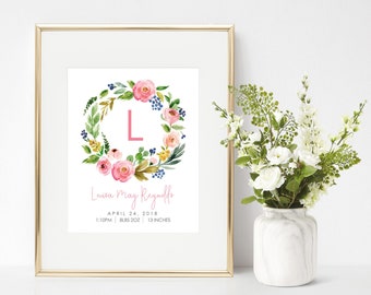 Floral Personalized Baby Girl Gift Printable Personalized Nursery. Baby Name Wall Art. Printable Birth Stats. Baby Decor. Birth Announcement