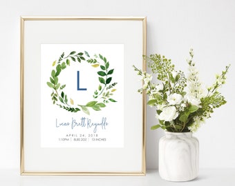 Floral personnalisé bébé garçon cadeau imprimable pépinière personnalisée. Art mural de nom de bébé. Statistiques de naissance imprimables. Décor de bébé. Faire-part de naissance