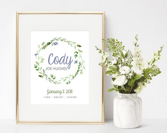 Floral personnalisé garçon cadeau imprimable personnalisé chambre de bébé. Bébé nom Art mural. Stats de naissance imprimable. Décor de bébé. Faire-part de naissance