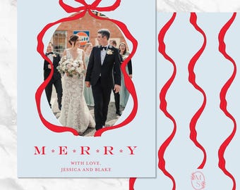 Merry Christmas Personalized Classic Christmas Card Traditional Custom Holiday Card Printable Photo Watercolor Digital Download Red Bow
