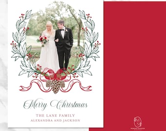 Personalized Pine Cone Laurel Classic Christmas Card Traditional Custom Holiday Card Printable Photo Watercolor Digital Download