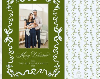 Merry Christmas Personalized Classic Christmas Card Traditional Custom Holiday Card Printable Photo Watercolor Digital Download Red Bow