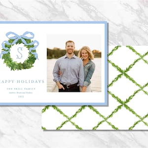 Tarjeta de Navidad Personalizada Guirnalda de lazo azul Verde Clásico Tradicional Tarjeta de vacaciones personalizada Foto imprimible Acuarela Descarga digital