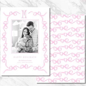 Carte de Noël personnalisée rose avec noeud blanc, vacances personnalisées, impression classique, aquarelle, monogramme, téléchargement numérique, faire-part de naissance