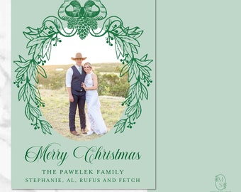 Personalized pine cone laurel Classic Christmas Card Traditional Custom Holiday Card Printable Photo Watercolor Digital Download green