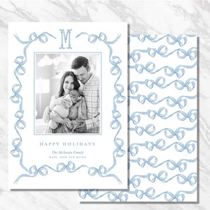 Personnalisé bleu blanc noeud carte de Noël personnalisé vacances imprimable classique Photo aquarelle téléchargement numérique monogramme naissance faire-part