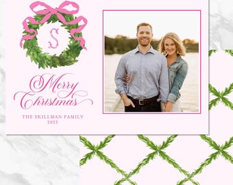 Christmas Card Personalized Pink bow wreath Greenery Classic Traditional Custom Holiday Card Printable Photo Watercolor Digital Download