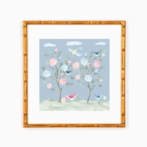 Chinoiserie aquarel art print tuin vogels blauw en wit botanische grandmillenial aziatische bloemenkwekerij home decor blauw roze