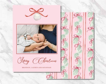 Personalized Red Pink bow Bell Greenery Classic Christmas Card Traditional Custom Holiday Card Printable Photo Watercolor Download