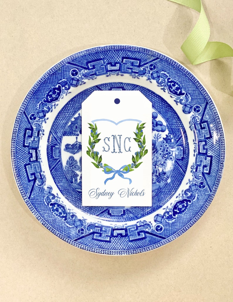 Sng Lettering Personalized Family Crest Blue and White Chinoiserie Greenery Custom ...