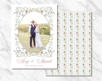 Christmas card Personalized birds garden merry & married Classic Traditional Custom Holiday Printable Photo Watercolor Digital Download