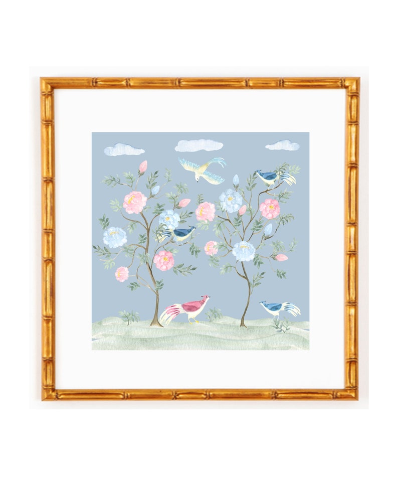 Chinoiserie Watercolor Art Print Garden Birds Blue and White Botanical ...