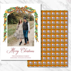 Christmas card Personalized oranges plaid garland Greenery Classic Traditional Custom Holiday Printable Photo Watercolor Digital Download