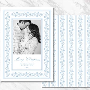 Tarjeta de Navidad azul y blanca personalizada Tarjeta de vacaciones personalizada Tarjeta de foto clásica imprimible Acuarela Descarga digital Monograma