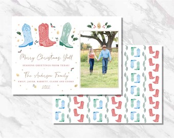Christmas card Personalized cowboy boot southern ranch monogram Traditional cowgirl Holiday Printable Photo Watercolor Digital Download