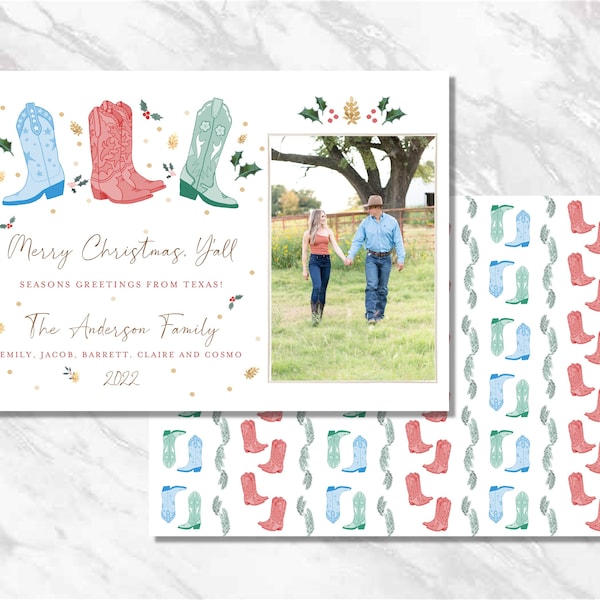 Christmas card Personalized cowboy boot southern ranch monogram Traditional cowgirl Holiday Printable Photo Watercolor Digital Download