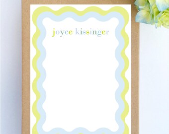 Scalloped Notepad Wavy Pad Scallop Personalized Monogram Colorful Notecard Set Custom Cards Thank You Notes Fun Desk Top Gift Blue Green
