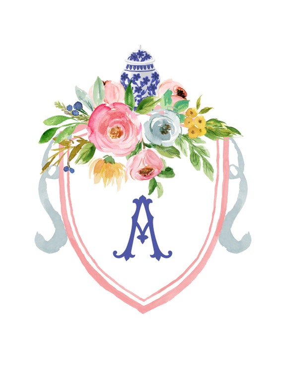 Personalized Family Crest Blue and White Chinoiserie Ginger Jar Floral Pink  Home Decor Art Print Watercolor 