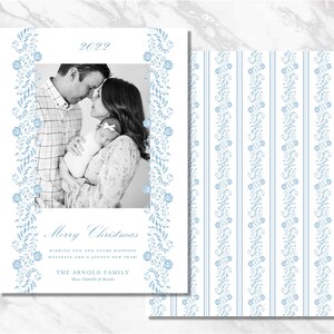Tarjeta de Navidad azul y blanca personalizada Tarjeta de vacaciones personalizada Tarjeta de foto clásica imprimible Acuarela Descarga digital Monograma