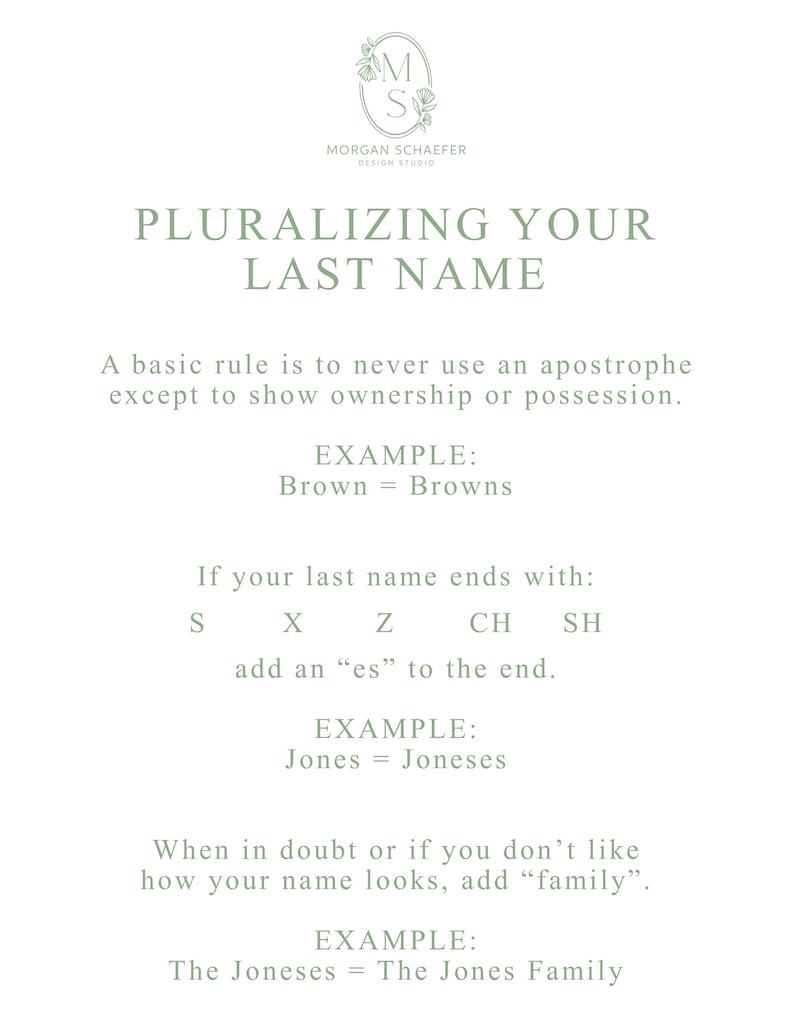 K&ouml;nnte beinhalten: Ein Leitfaden zur Pluralisierung von Nachnamen mit Beispielen. Der Text erkl&auml;rt, dass man niemals einen Apostroph verwenden sollte, um einen Nachnamen zu pluralisieren, au&szlig;er um Besitz anzuzeigen. Er erkl&auml;rt auch, dass man bei Nachnamen, die auf S, X, Z, CH oder SH enden, am Ende "es" hinzuf&uuml;gen sollte. Der Leitfaden schl&auml;gt auch vor, "family" am Ende eines pluralisierten Nachnamens hinzuzuf&uuml;gen, wenn Ihnen die Form nicht gef&auml;llt.