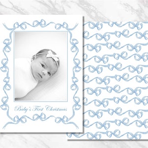 Tarjeta de Navidad con lazo blanco azul personalizado, vacaciones personalizadas, foto clásica imprimible, acuarela, descarga Digital, monograma, anuncio de nacimiento