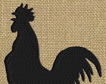 May include: Black silhouette of a rooster on a burlap background.