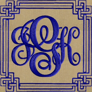 May include: A blue monogram with the letters "K.S." in a cursive font, centered within a square frame with a geometric design. The frame is outlined in blue and set against a beige background.