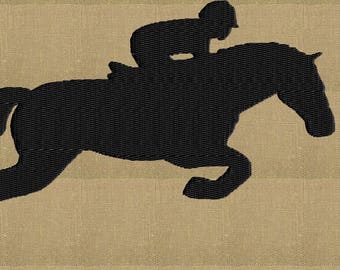 May include: Black silhouette of a horse jumping with a rider on its back. The horse is in mid-air with its legs extended. The rider is wearing a helmet and is leaning forward.