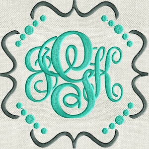 May include: A teal green monogram with the letters "KBF" in a cursive font. The monogram is surrounded by a gray scalloped frame with a row of teal green circles on each side.