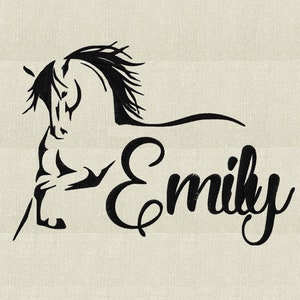 May include: Black and white silhouette of a horse with the name "Emily" written in cursive below it.
