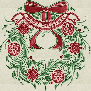Puede incluir: Una corona de Navidad bordada en rojo y verde con un lazo rojo y el texto "Merry Christmas".