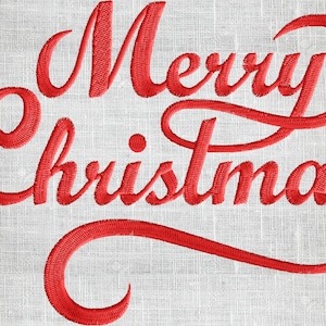 Könnte beinhalten: Roter gestickter Text auf weißem Leinenhintergrund mit der Aufschrift "Frohe Weihnachten".