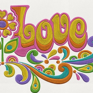 May include: Embroidered design featuring the word "love" in a retro font with a flower and swirls in pink, yellow, green, blue, and purple.