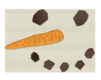 May include: A brown felt snowman face with a carrot nose and six black coal eyes.