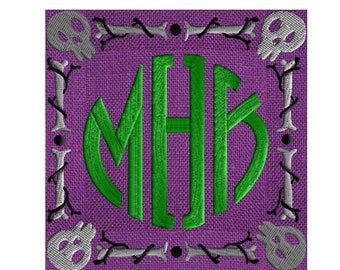May include: A purple and black embroidered monogram with the letters "MHB" in green. The monogram is surrounded by a border of skulls and bones.